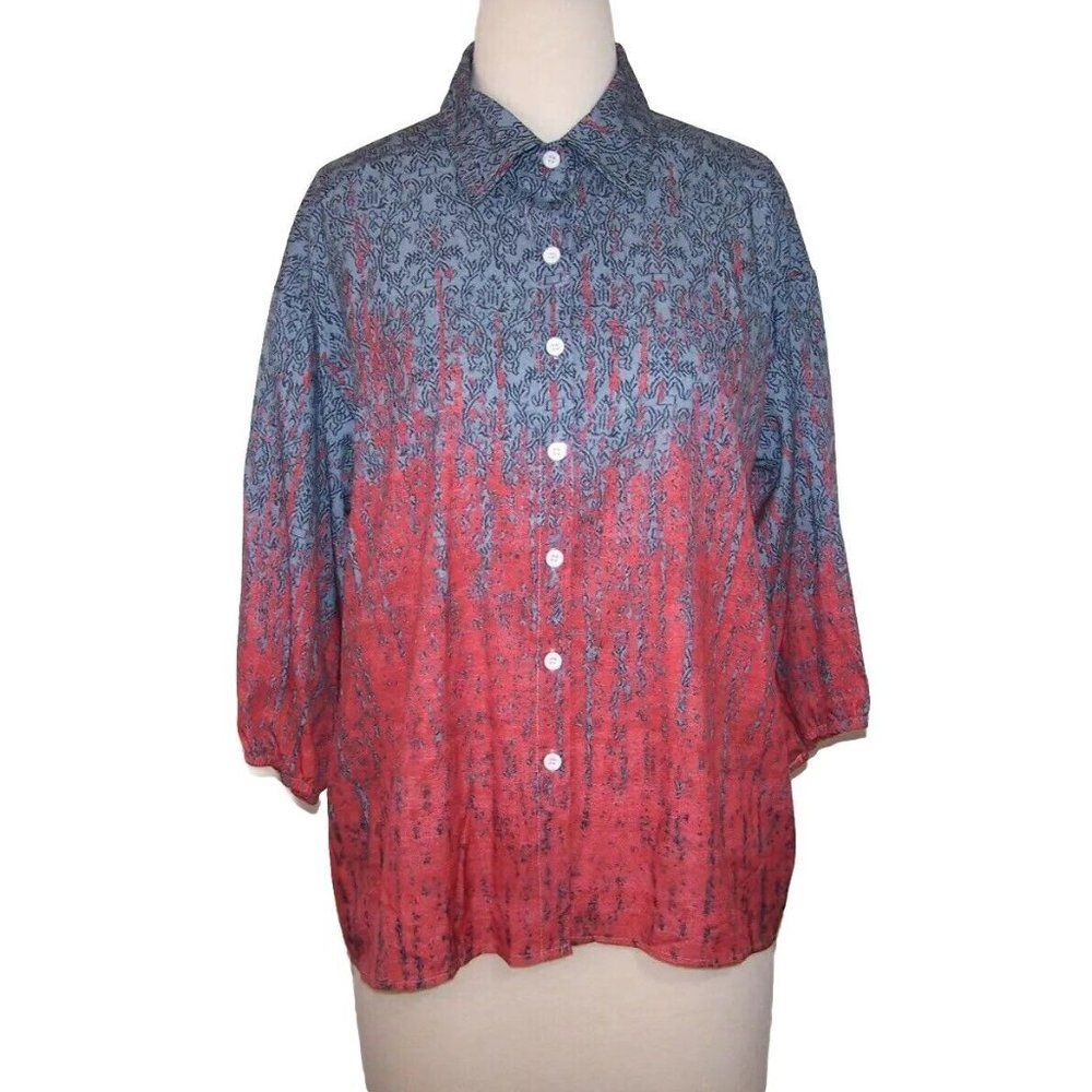 Misslook Button Up Shirt Top Womens Large Ombre 3/4 Sleeves Collared Gray Coral